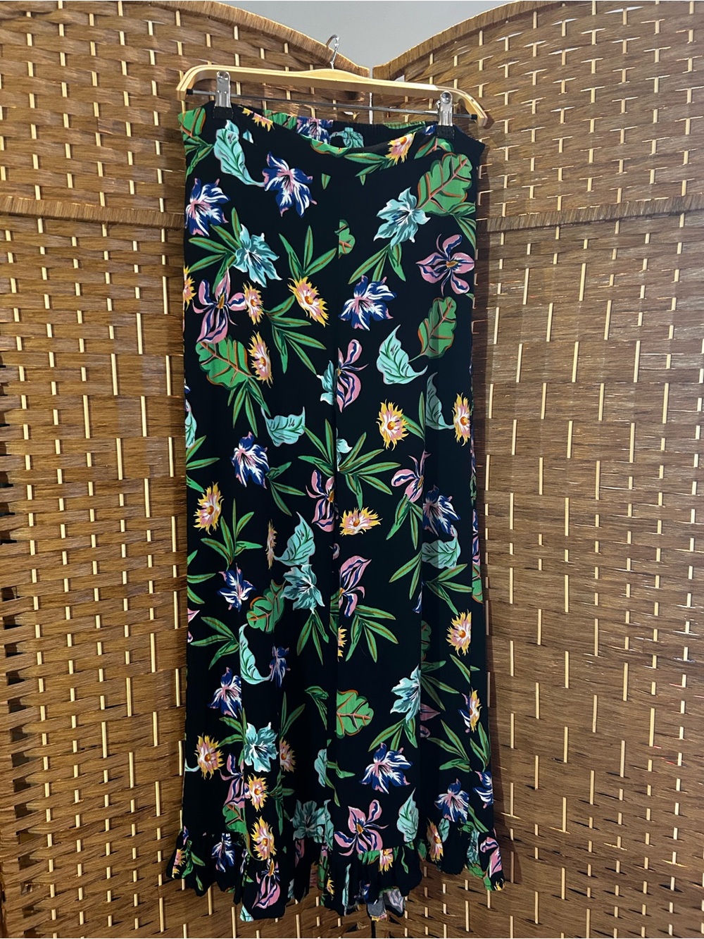 Tropical Floral Palazzo Pants Wide Leg Ruffle Hem Resort Vacation L